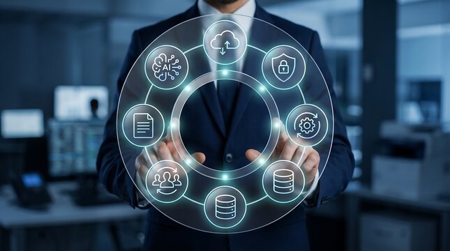 Professional business leader utilizing a circular holographic interface for managing artificial intelligence cloud services and data security in a modern corporate office
