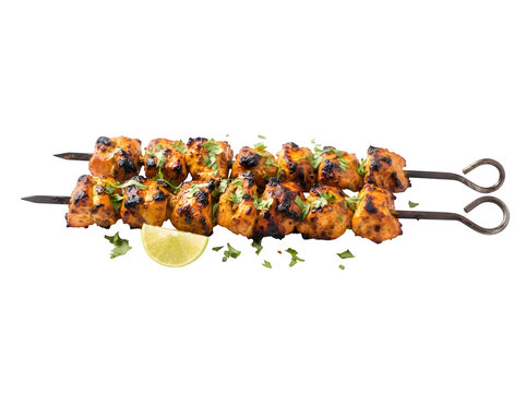 Grilled chicken skewers seasoned with fresh herbs and lemon wedges are isolated on a transparent background for restaurant menu design.