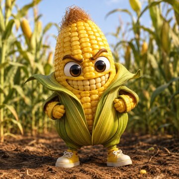 Evil corn character standing in a cornfield