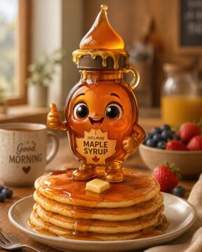 Cute maple syrup bottle mascot character giving thumbs up on a stack of pancakes, with a coffee mug and berries