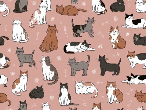 Seamless Pet Pattern with Hand Drawn Cats on Dusty Pink Background