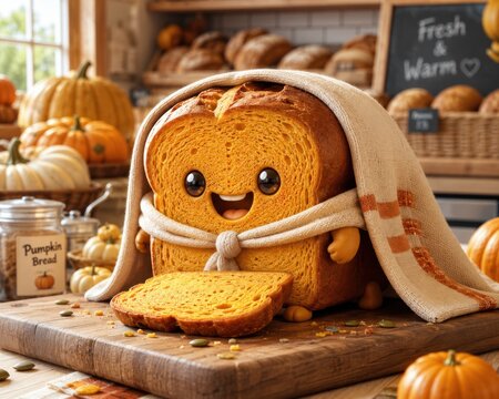 Cute animated pumpkin bread character wrapped in a blanket on a wooden board, surrounded by pumpkins and bread in a cozy bakery