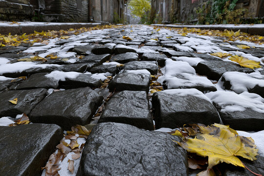First snow on wet cobblestone street with fallen autumn leaves