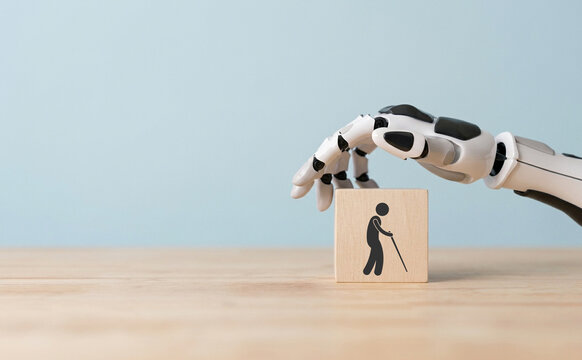 Robots and technology for elderly care concept. Artificial intelligence, consultancy services and health care with robot. Household nursing robot, helping and service, madical robot technology.