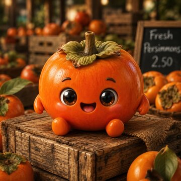 Cute cartoon persimmon character sitting on a wooden crate at a market
