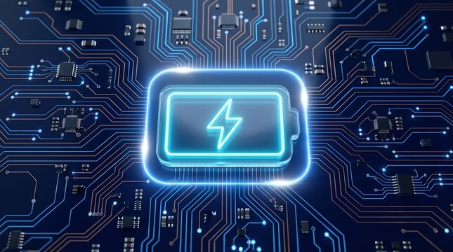 Glowing battery icon floating above complex blue printed circuit board motherboard representing advanced power management and efficient energy technology for modern hardware