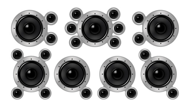 Speaker driver woofer with tweeter subwoofer. Realistic metallic gradient audio component icon design isolated on white background. Vector set
