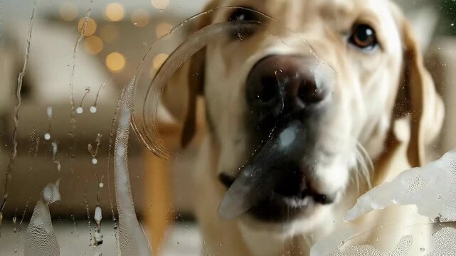 Labrador dog licks fogged window inside a house on a cold day