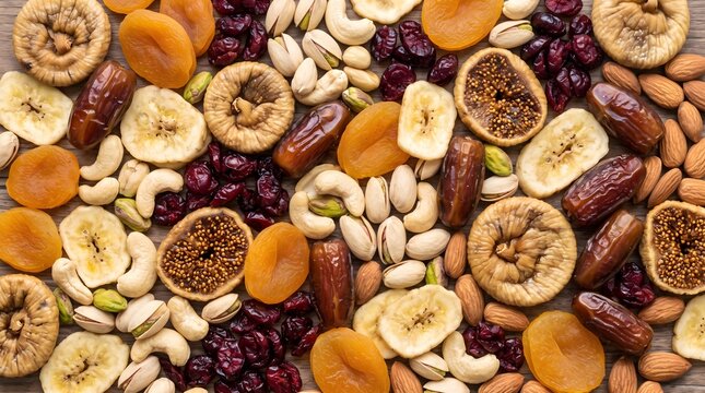 Dried fruit and nuts mix, healthy organic snack assortment with apricots and figs, overhead view of trail mix ingredients
