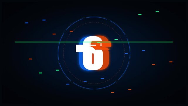 Futuristic digital countdown timer featuring neon glitch numbers and circular HUD elements on a dark background, ideal for tech intros and cinematic starts.