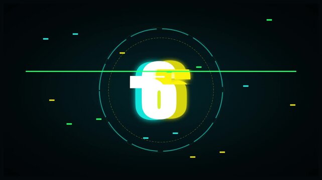 Futuristic digital countdown timer featuring neon glitch effects and high-tech HUD interface elements on a dark background for cinematic intros, scientific data, and cyber security projects.