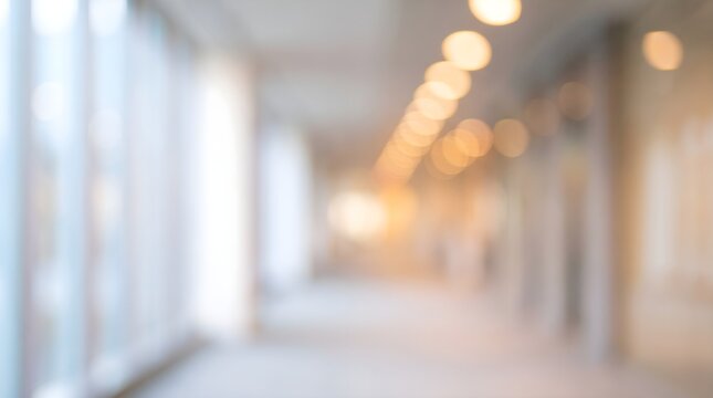 Blurred office hallway background, modern corporate building interior with bokeh lights, bright professional workspace with soft focus