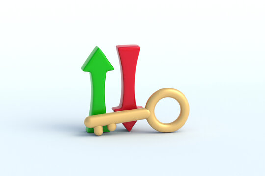Dynamic access control. Security level volatility. Unstable protection of private data. Unpredictable business solution. Hacker threat analysis. Key beside upward and downward arrows. 3d render