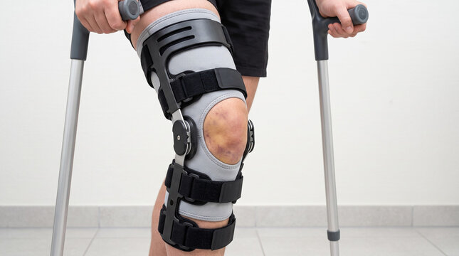 Fotograf&iacute;a de Retrato de Lesi&oacute;n Severa de Rodilla con Soporte Ortop&eacute;dico