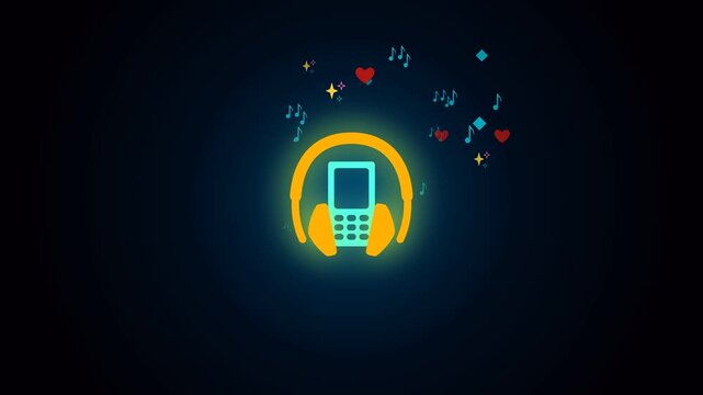 Neon glowing mobile phone with headphones icon on dark background with music notes.