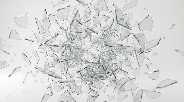 Shattered glass pieces exploding outwards on clean white background with sharp edges.