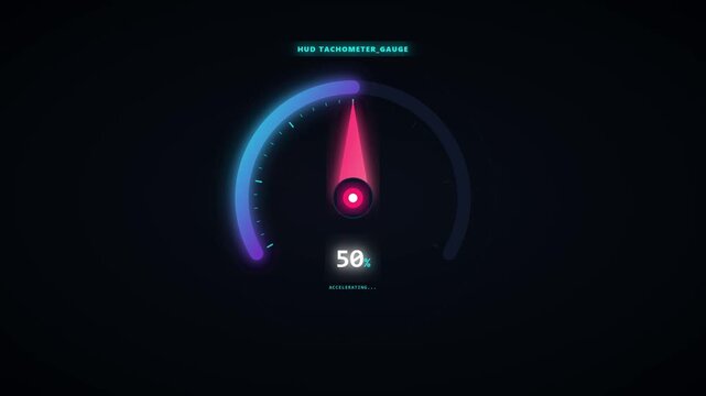 Digital HUD tachometer gauge featuring glowing neon elements and percentage counter displaying acceleration data on a dark minimalist background for futuristic tech applications.