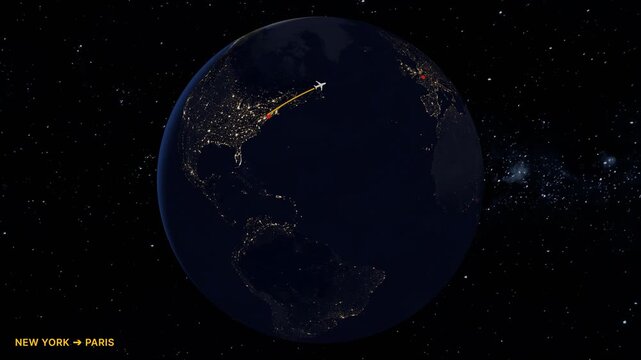 Global flight route animation from New York to Paris showing airplane flying over Earth with day and night cycle across the globe horizontal video loop