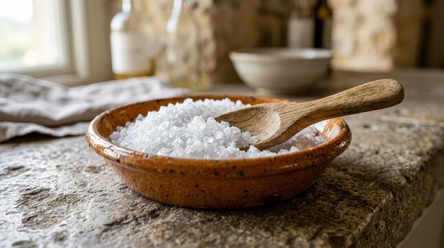 A close up view of a small terracotta bowl filled with coarse white sea salt, featuring a wooden scoop resting inside on a rustic stone countertop in a kitchen, underscoring the coarse salt