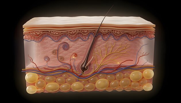 3D Cross-Section Illustration of Human Skin Layers Structure showing Epidermis, Dermis, Hair Follicle, Blood Vessels, Nerves, and Subcutaneous Fat