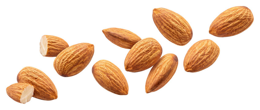 Falling almonds isolated on transparent background