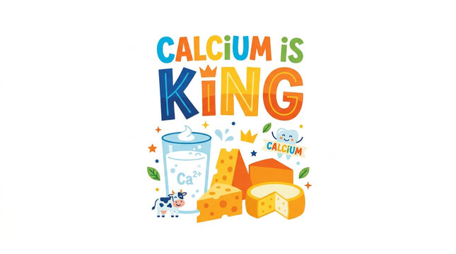 Calcium Is King Educational Graphic with Dairy Products and Healthy Tooth Character for Kids Nutrition