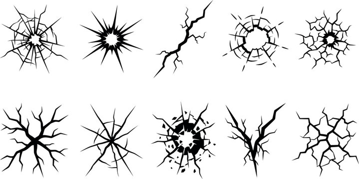 Set of black ink crack and shatter effects on white background for graphic design and digital art