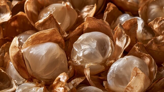 Close-up of peeled lychee fruits with translucent flesh and brown husks