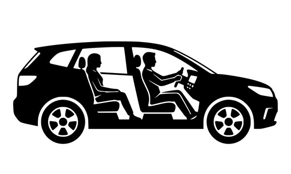 Modern passenger car interior cross section featuring driver and passenger seated inside modern vehicle