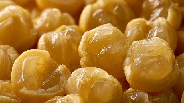 Close-up macro shot of glistening lychee fruit arils with translucent flesh