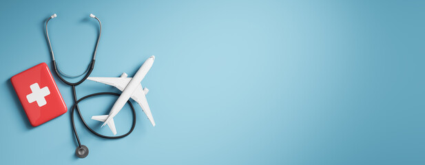 Fototapeta na wymiar Travel health insurance concept with airplane, medical kit, and stethoscope on blue background with clean copy space for banner design. 3D Rendering