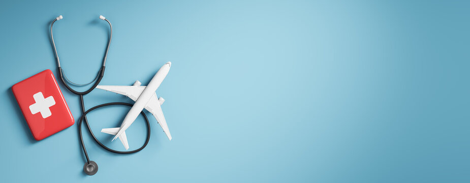 Travel health insurance concept with airplane, medical kit, and stethoscope on blue background with clean copy space for banner design. 3D Rendering