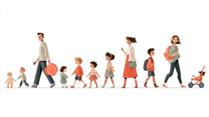 Obraz premium The timeline of child development from baby to school age with friendly characters and a warm color palette.