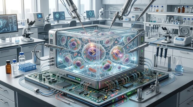 cellular engineering processor featuring a transparent biological chamber containing multiple detailed cell structures, DNA fragments represented naturally inside the cells