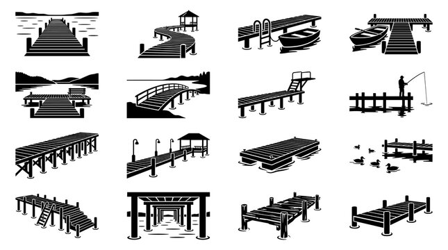 Symmetrical wooden pier extending over calm, still water under a clear sky. Minimalist vector illustration of a timber dock on a serene lake or ocean horizon.