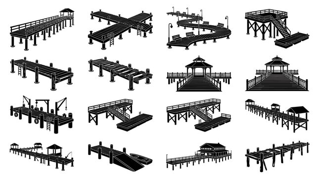 Vector illustration of a rustic wooden pier or boardwalk structure built above a lush green meadow, featuring natural timber textures and a clear perspective path.