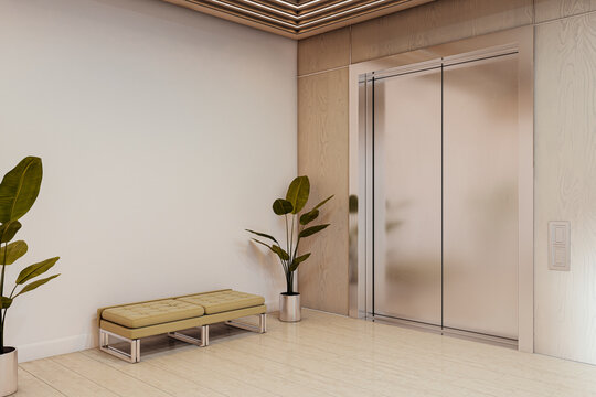Modern elevator waiting area with empty seats, clean wall, bright floor, ceiling lighting, and contemporary interior design for business spaces. 3D Rendering
