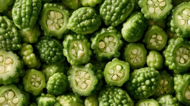 Close-up view of fresh green kaffir lime fruits, whole and sliced