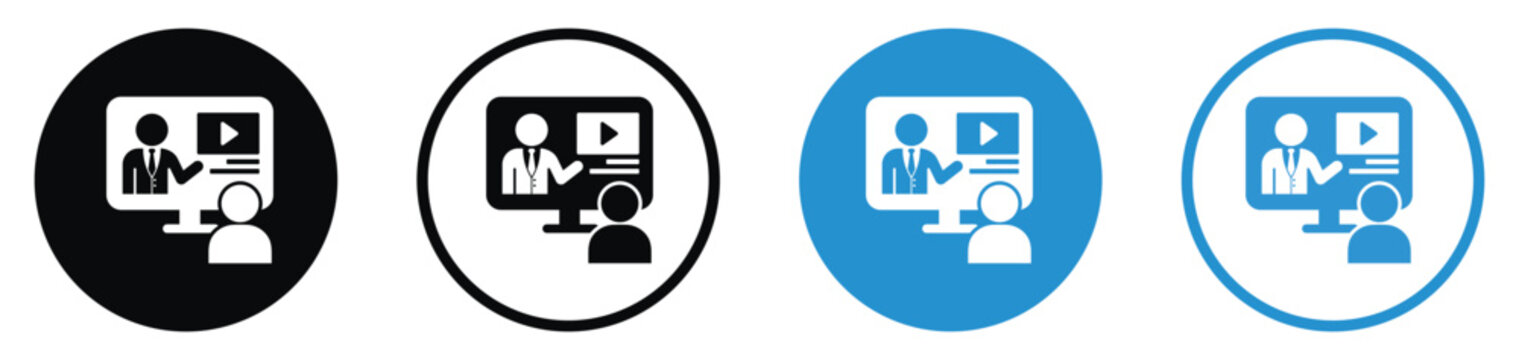 Online course webinar viewer watching presenter vector icon set. Distance learning digital lecture training symbol in black and blue round button styles.