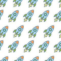 Obraz premium Cartoon rocket ship seamless pattern. Blue cartoon rocket ships in a seamless pattern for fabric design