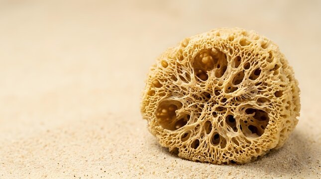 Dried luffa gourd cross-section displaying natural honeycomb texture and porous structure on sandy surface