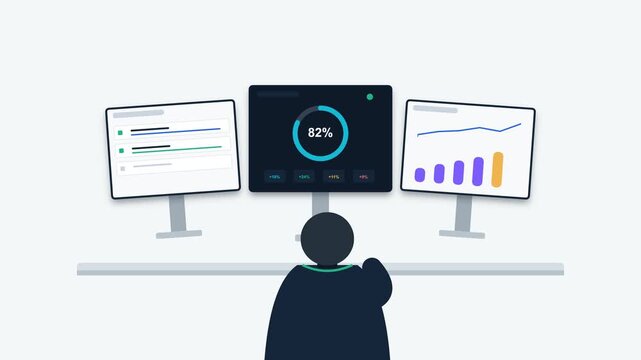 Modern 2D vector animation showing a professional operator working at a multi-screen digital workstation, with connected workflow management, KPI monitoring, data visualization, analytics charts, and