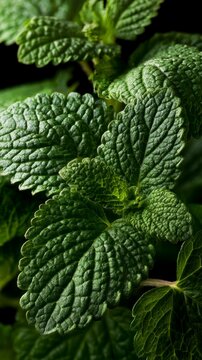 Close-up of vibrant green textured mint leaves with intricate veining
