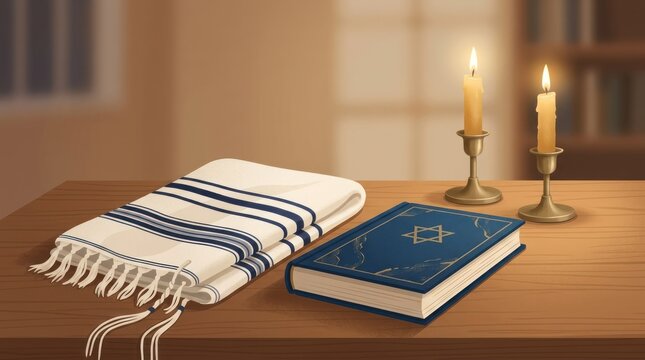 A wooden table with a prayer shawl and a book on it.