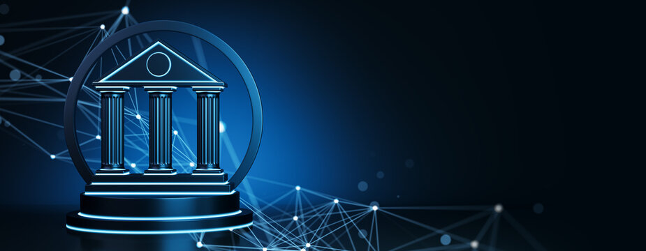 Neon banking institution icon with classical columns and connected technology network on dark blue corporate background with copy space. 3D Rendering