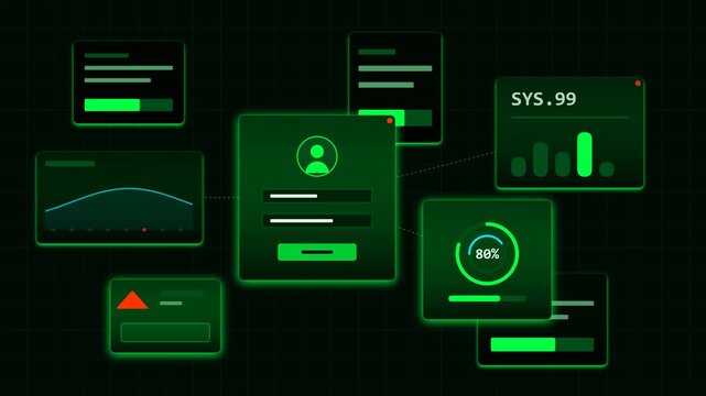 A 4K 16:9 seamless looping animation of a dark green, hacker/cyber-themed digital interface ecosystem. Features overlapping glowing green panels, floating data visualizations, login forms, and connect