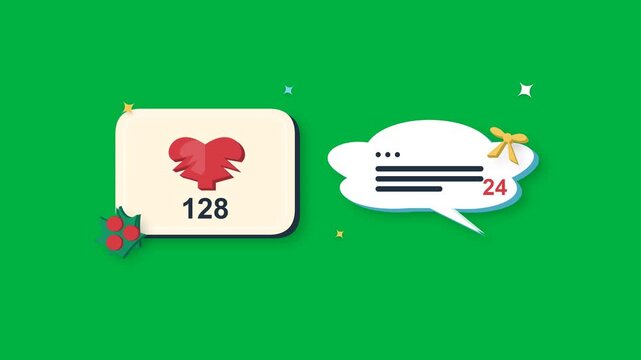 Premium 2.5D social media animation focusing on festive interaction icons. The Like icon features a creative hybrid of a heart and a pine tree, while the Comment icon is shaped like a fluffy snow clum