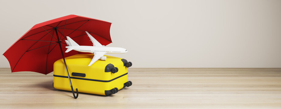 Travel insurance concept with airplane and yellow suitcase beneath red umbrella, secure vacation protection banner with clean copy space. 3D Rendering
