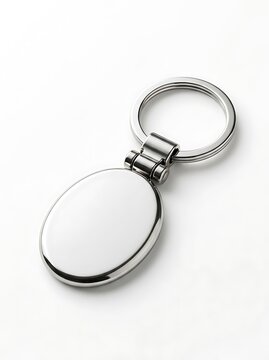 Shiny oval metal keychain with a silver ring for holding keys. Customizable keyring design