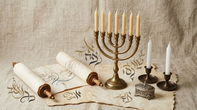 A traditional Hanukkah menorah with candles and a scroll of the Torah. The scene is set against a beige background.